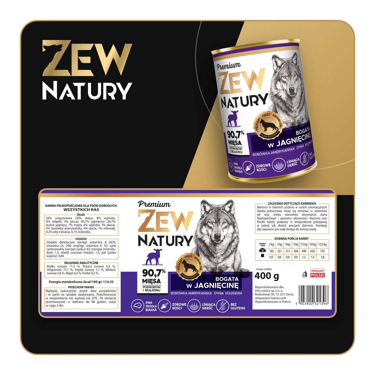 10 × Mokra karma Jagnięcina z Wieprzowiną Premium dla psa 400 g
